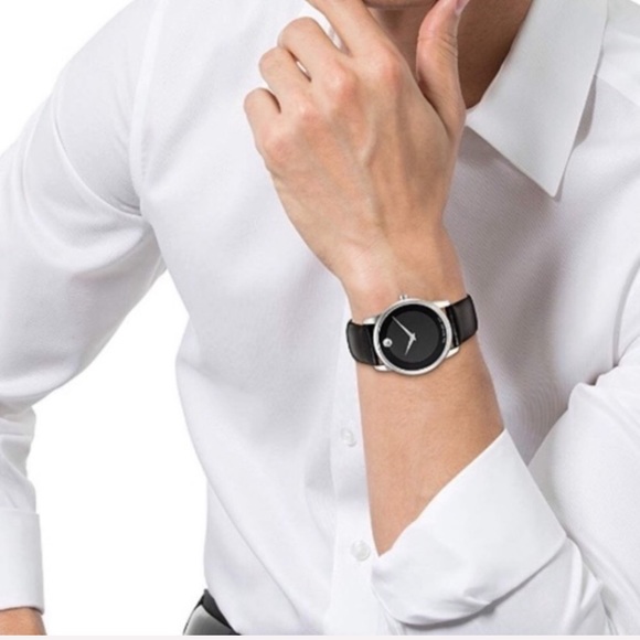 NWT Movado unisex black leather strap watch - Picture 2 of 7